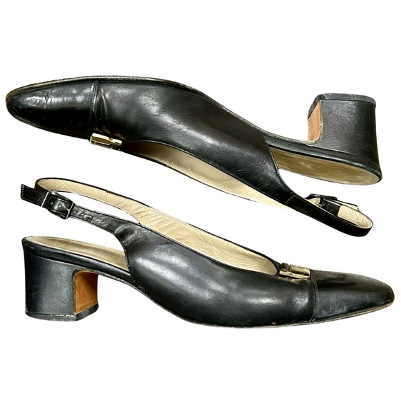 Salvatore Ferragamo Black Leather Slingback Heels with Gold Hardware – Size 8B - Picture 2 of 7